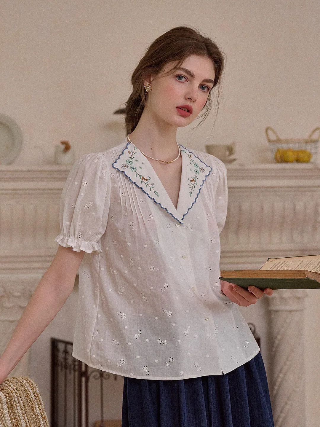 Lainey V-Neck Embroidery 100% Cotton Blouse sold by Simple Retro product image thumbnail 5