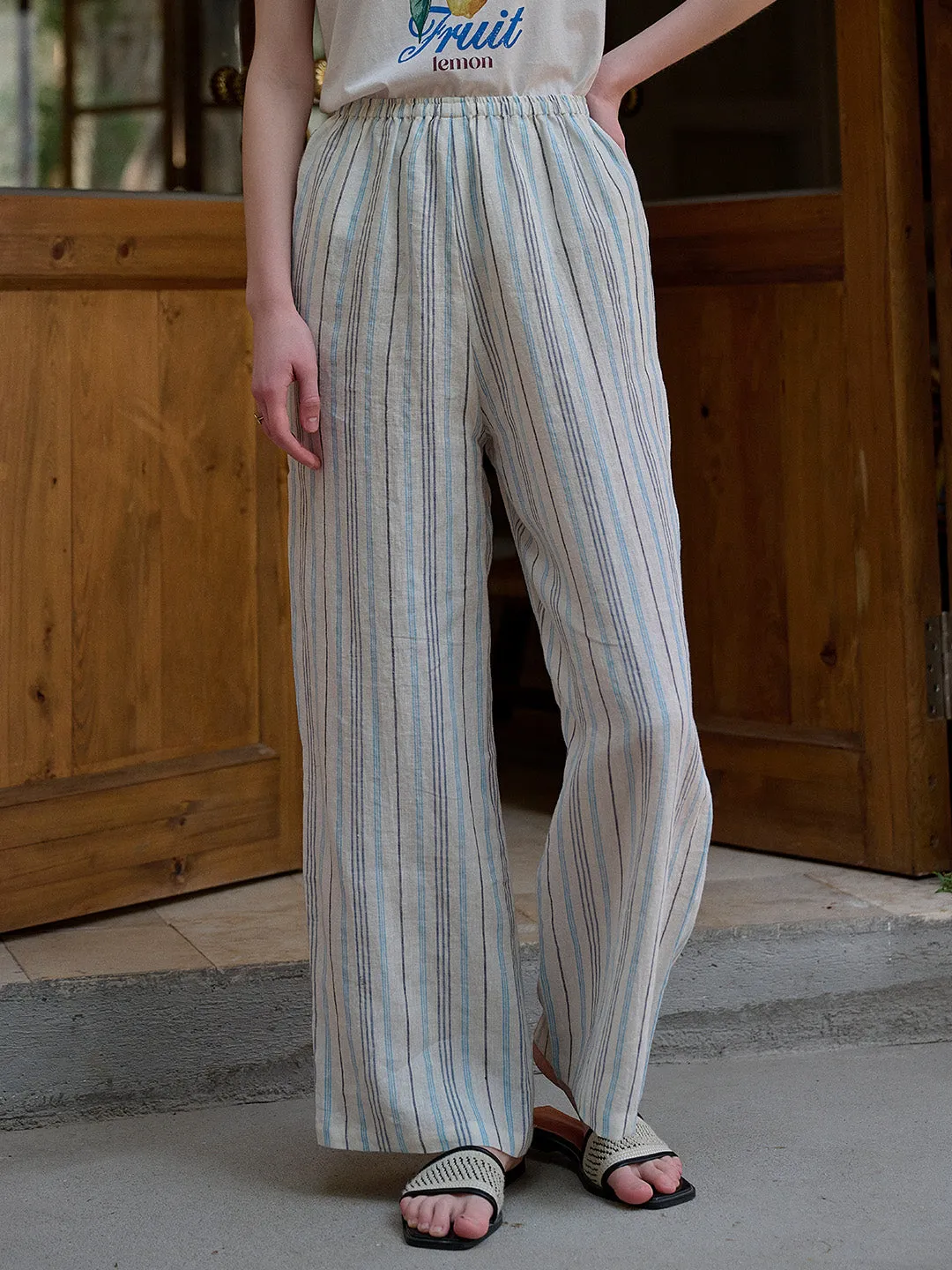 Nayeli Stripes 100% Linen Trousers - White sold by Simple Retro