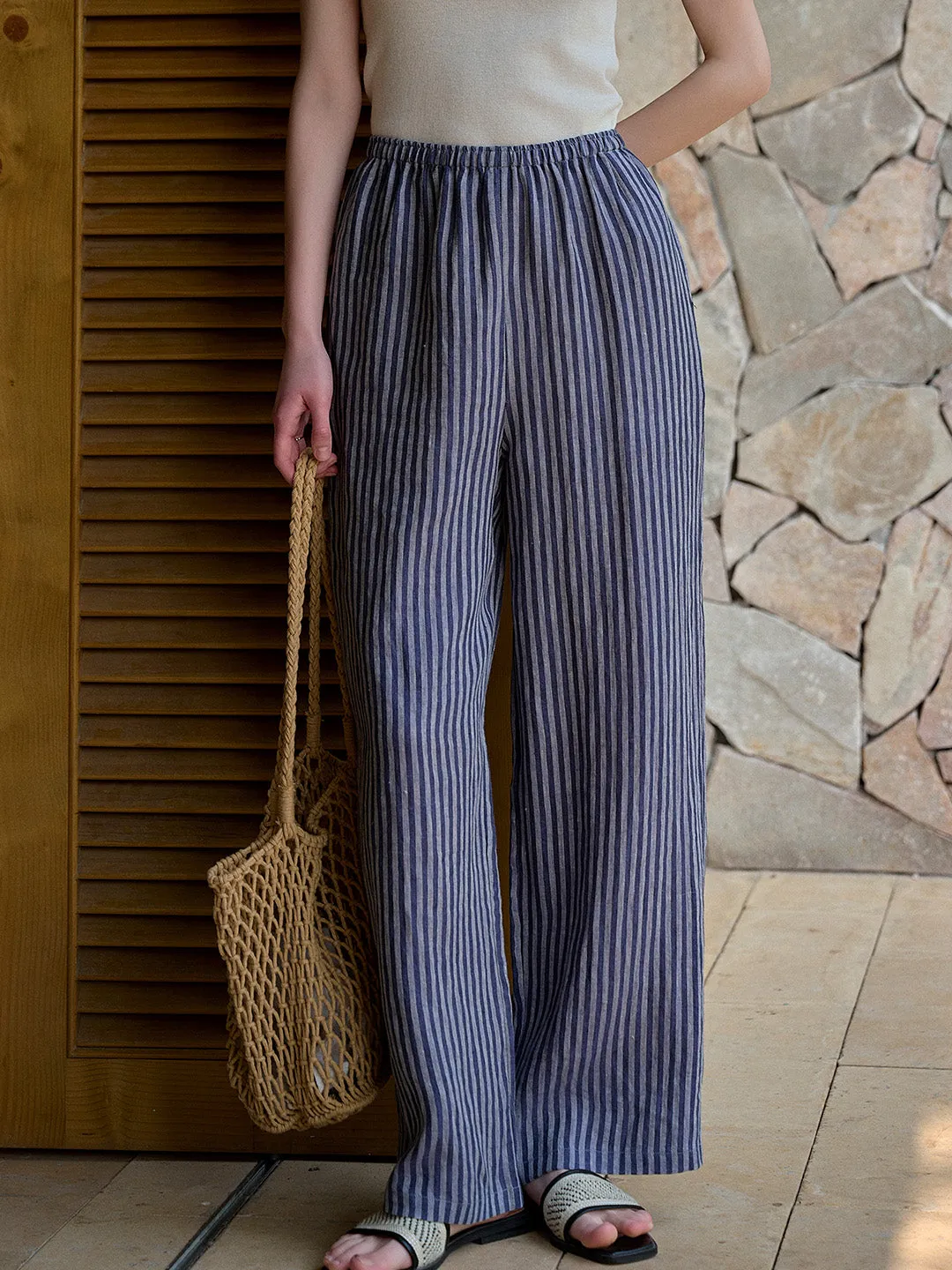 Nayeli Stripes 100% Linen Trousers - Blue sold by Simple Retro