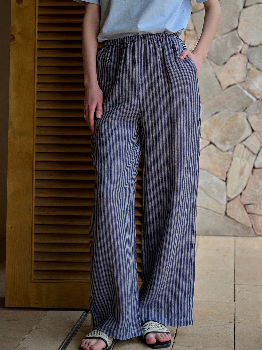 Nayeli Stripes 100% Linen Trousers - Blue sold by Simple Retro product image thumbnail 4