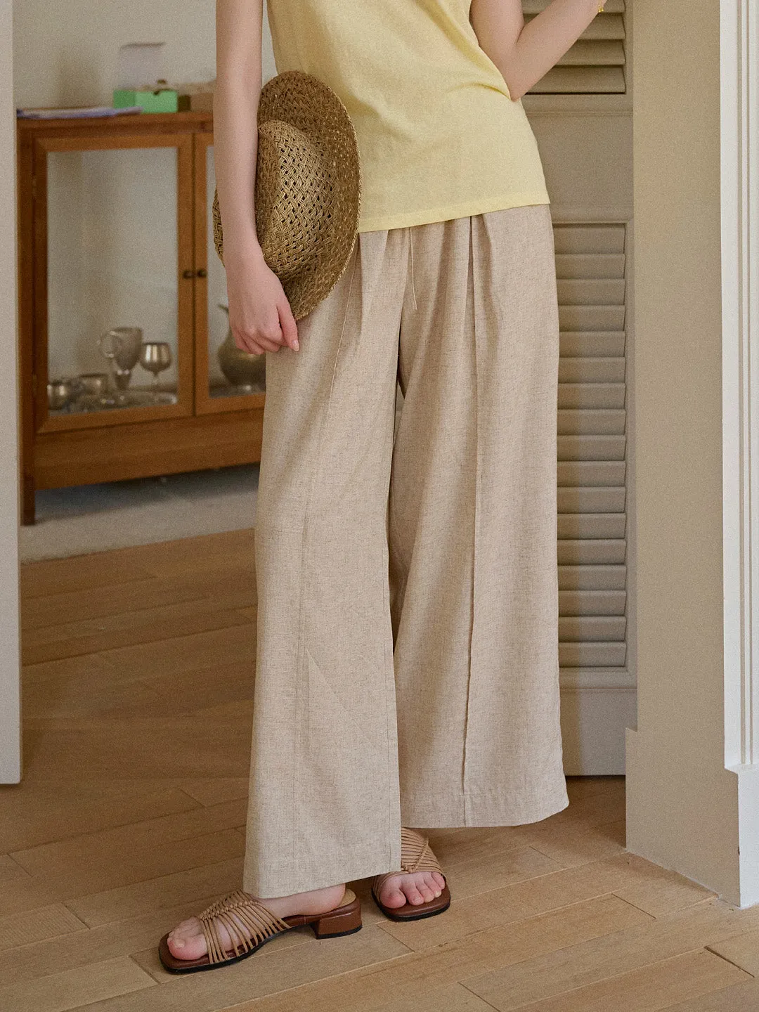 Nova Simple Elastic Waist Linen Trousers - Khaki sold by Simple Retro