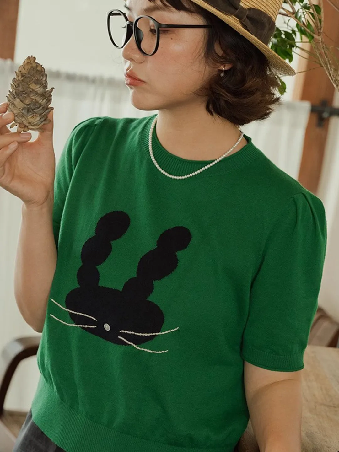 Chowxiaodou Puff-Sleeve Knit Linen T-Shirt sold by Simple Retro product image thumbnail 4