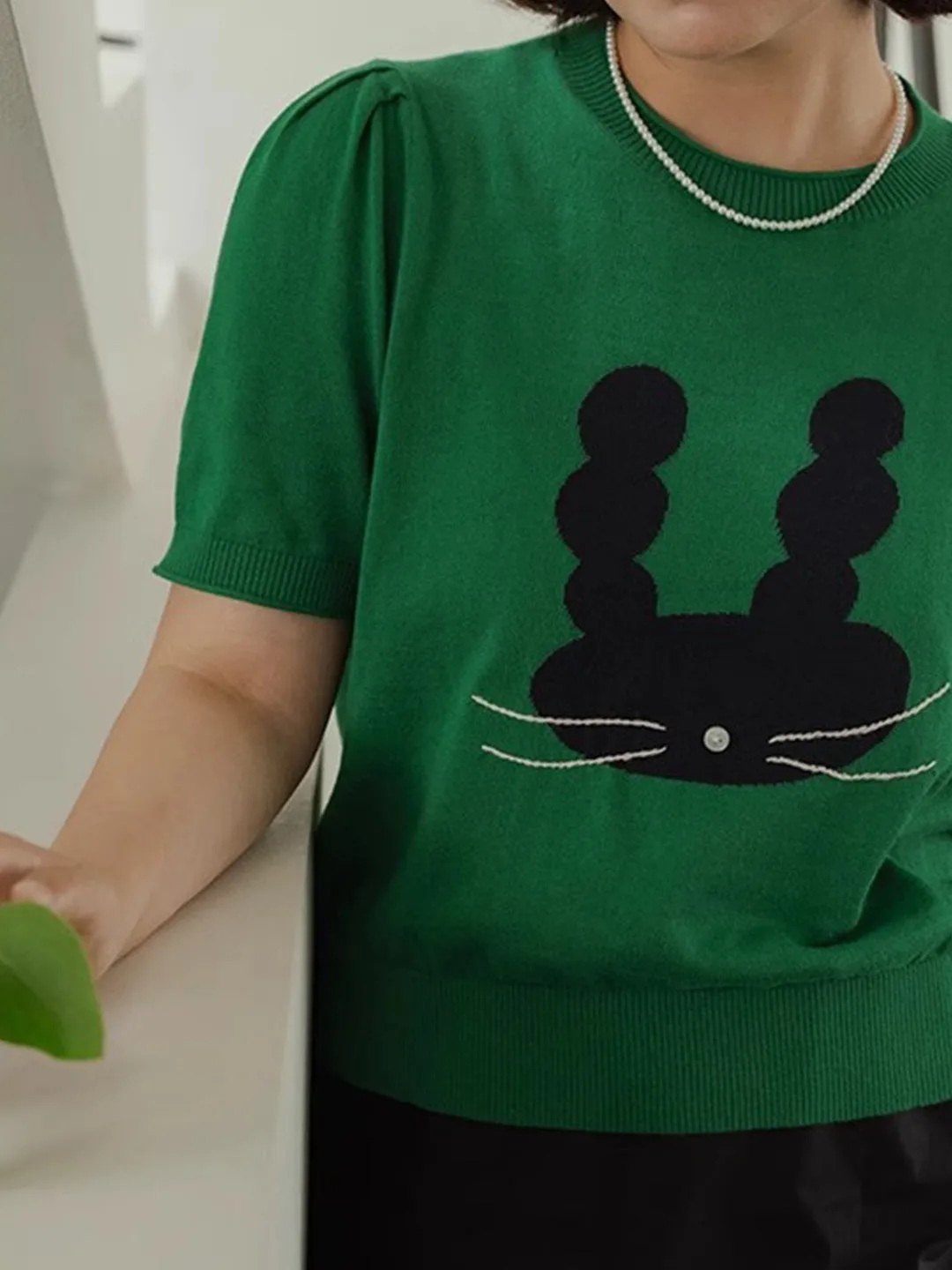 Chowxiaodou Puff-Sleeve Knit Linen T-Shirt sold by Simple Retro product image thumbnail 2