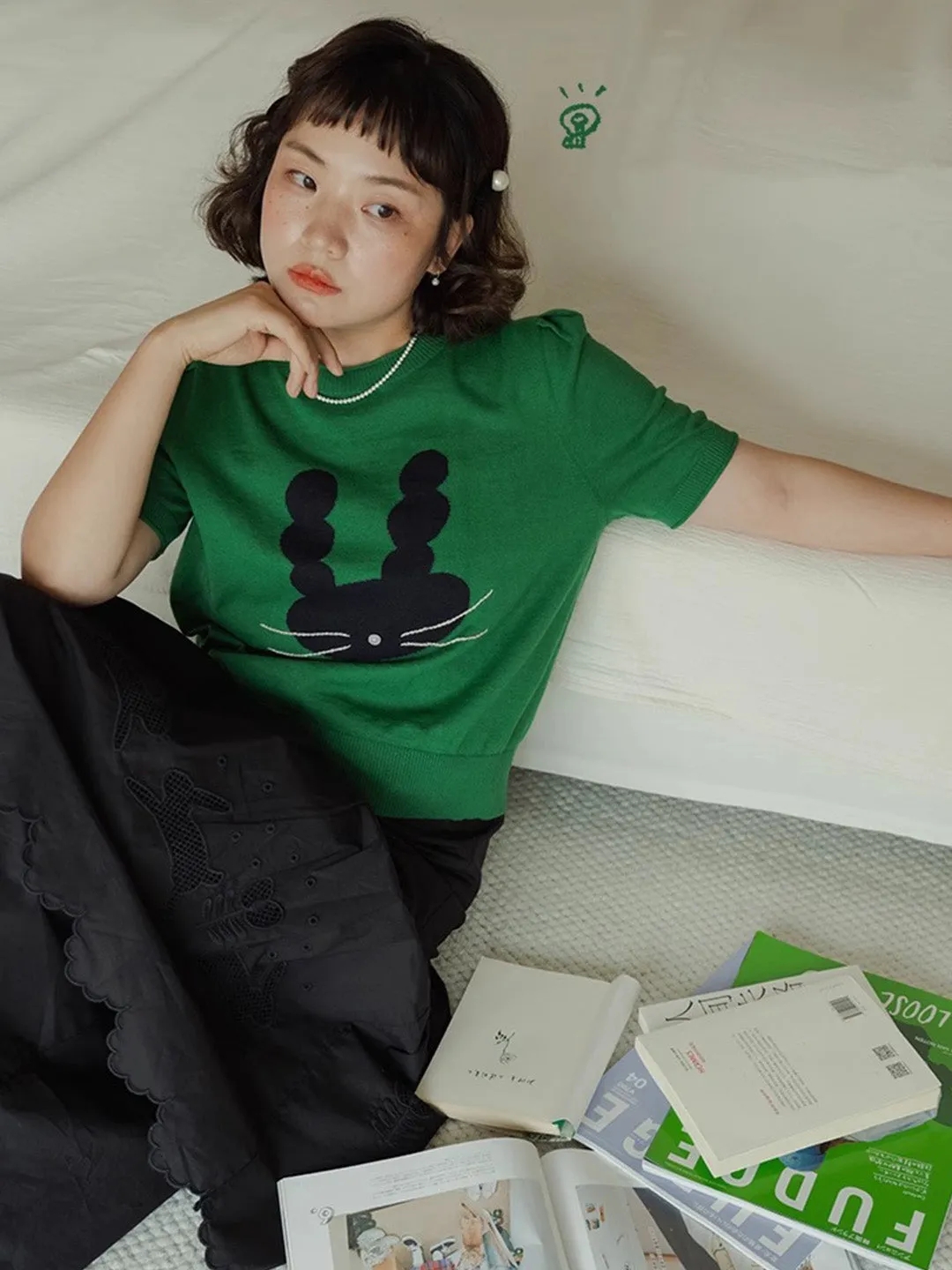 Chowxiaodou Puff-Sleeve Knit Linen T-Shirt sold by Simple Retro