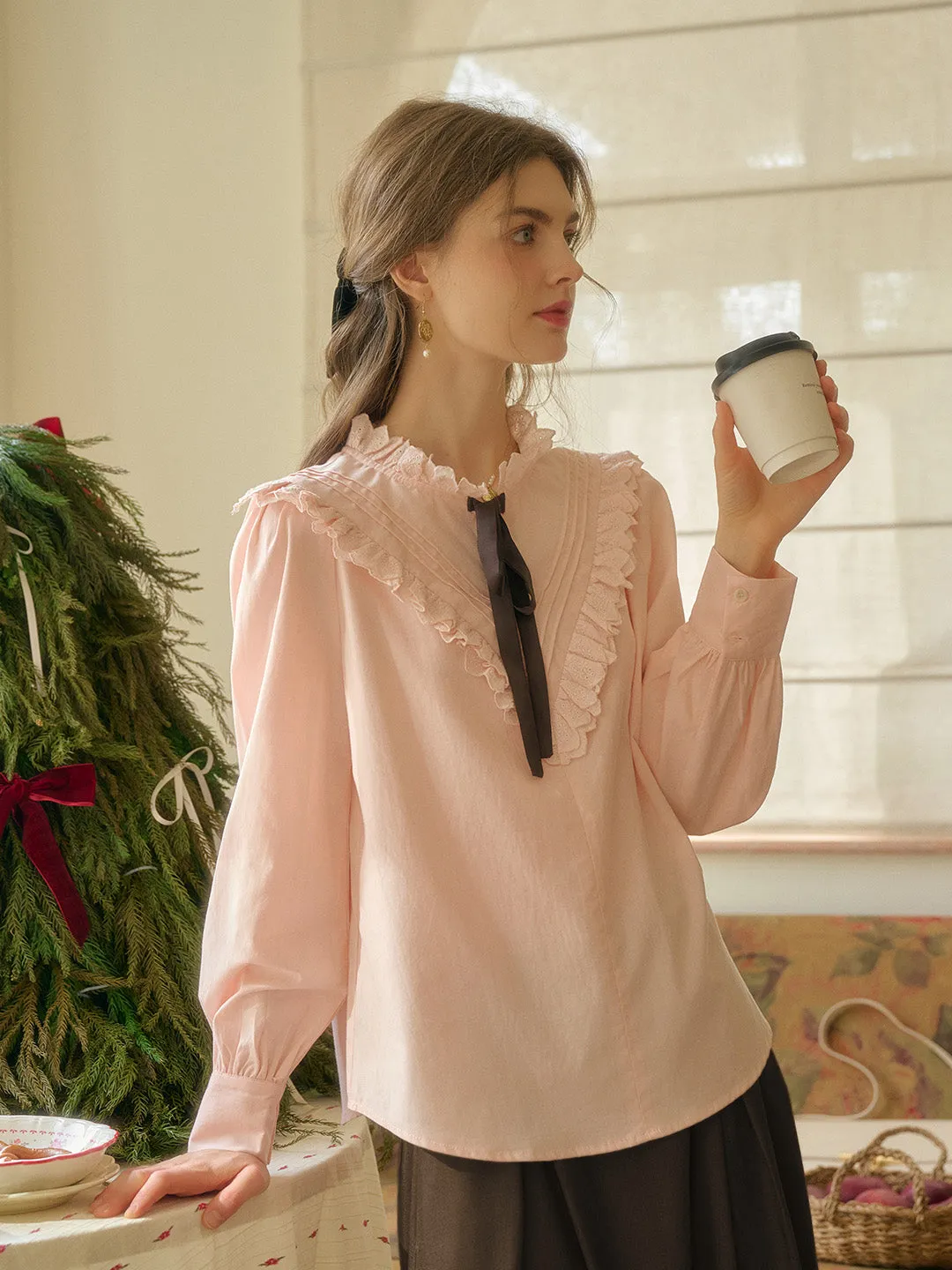 【Final Sale】Yareli Vintage Lace Panel Contrasting Lace-up Round Neck Blouse - Pink sold by Simple Retro