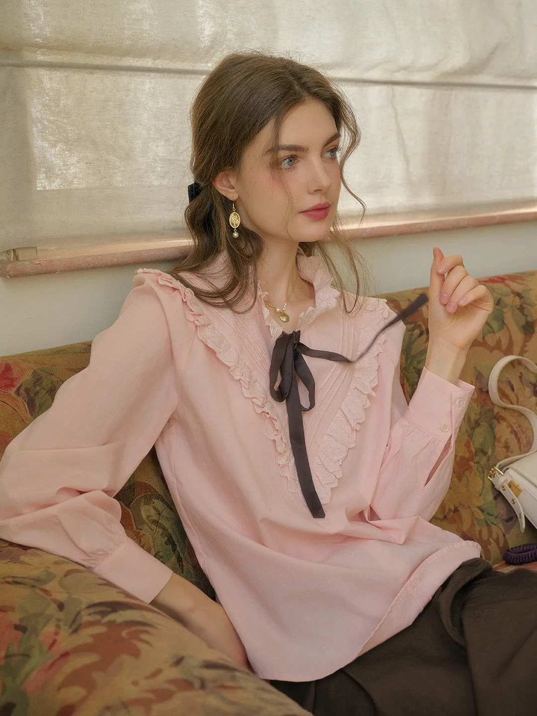 【Final Sale】Yareli Vintage Lace Panel Contrasting Lace-up Round Neck Blouse - Pink sold by Simple Retro product image thumbnail 5