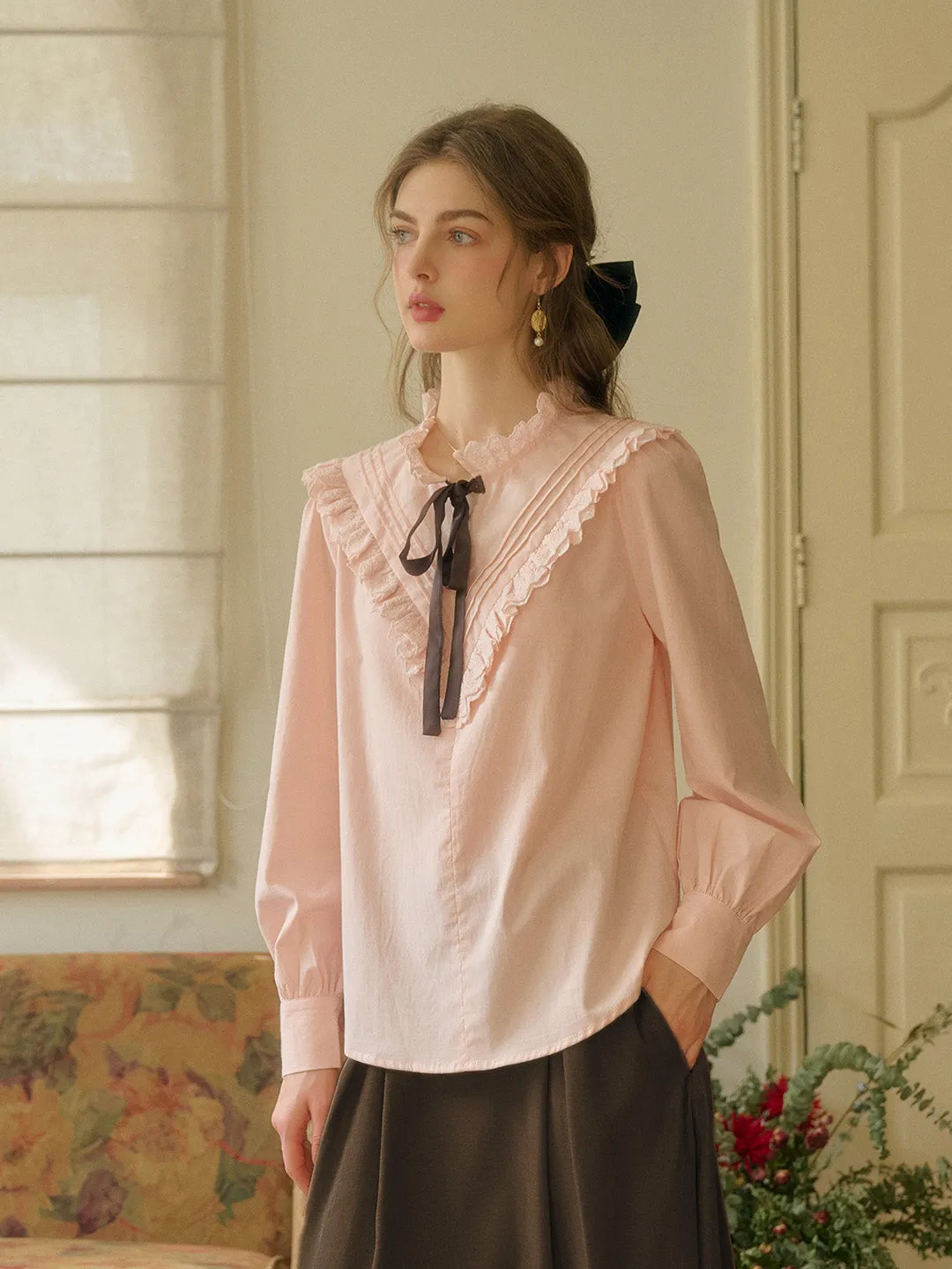 【Final Sale】Yareli Vintage Lace Panel Contrasting Lace-up Round Neck Blouse - Pink sold by Simple Retro product image thumbnail 2