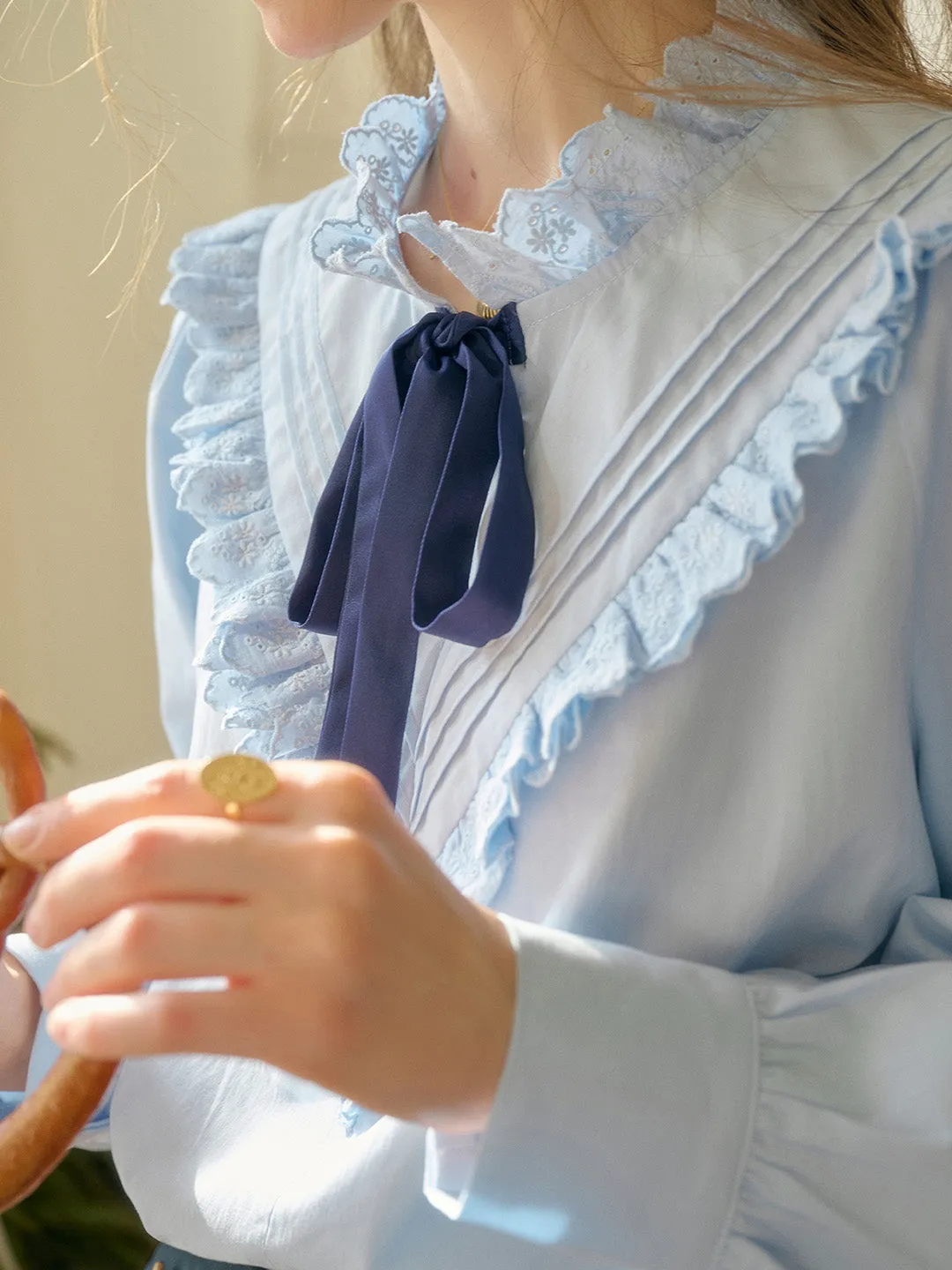 【Final Sale】Yareli Vintage Lace Panel Contrasting Lace-up Round Neck Blouse - Blue sold by Simple Retro product image thumbnail 2