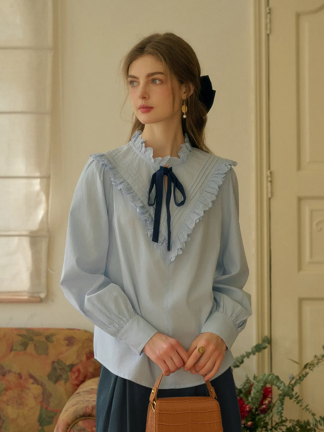【Final Sale】Yareli Vintage Lace Panel Contrasting Lace-up Round Neck Blouse - Blue sold by Simple Retro