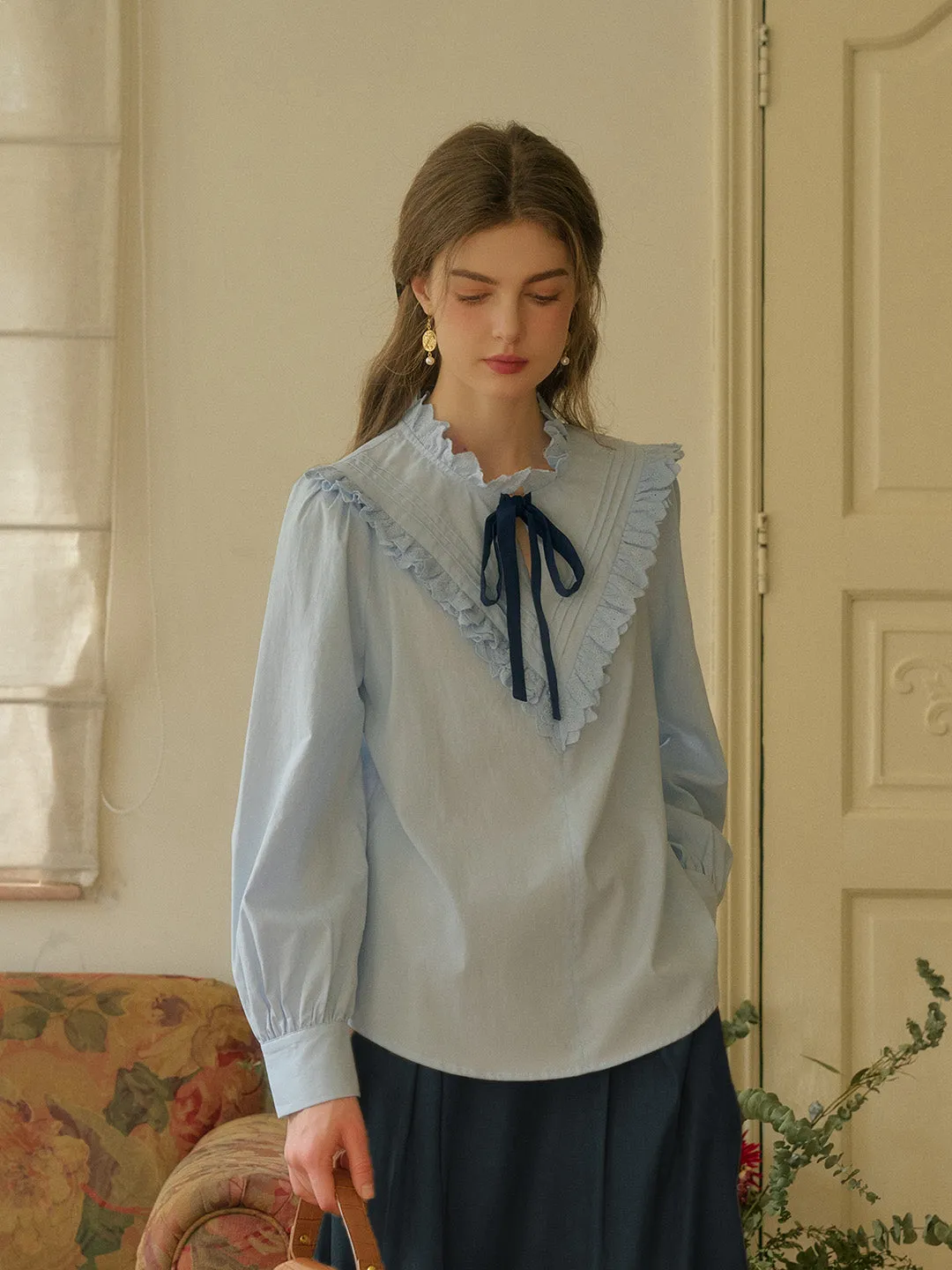 【Final Sale】Yareli Vintage Lace Panel Contrasting Lace-up Round Neck Blouse - Blue sold by Simple Retro product image thumbnail 3
