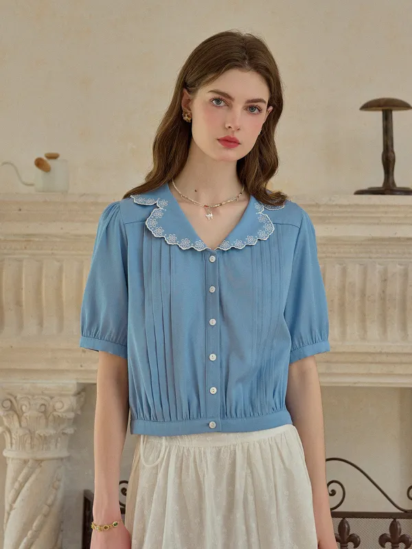Miriam V-Neck Embroidery Tuck Pleats Blouse sold by Simple Retro