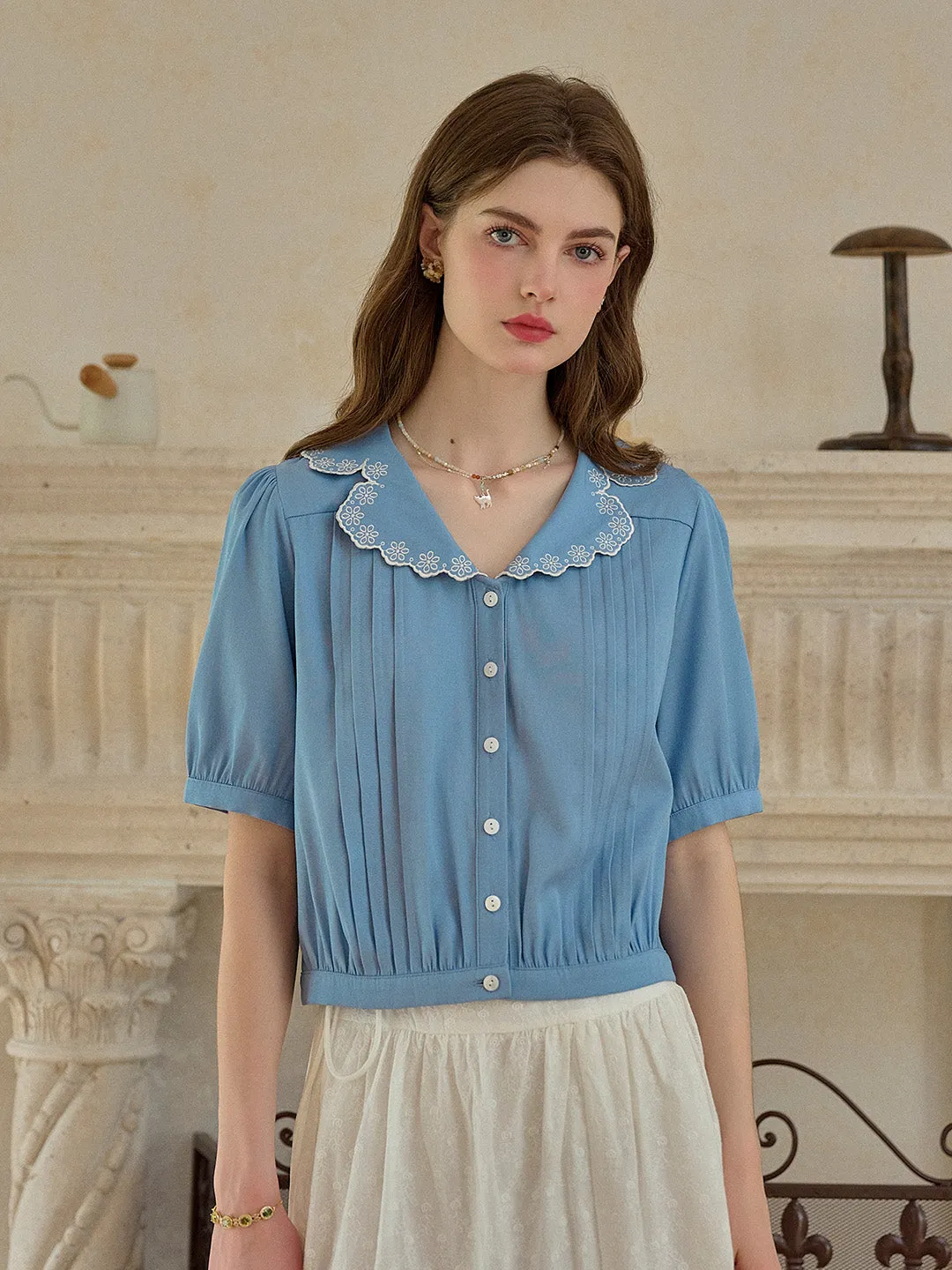 【Final Sale】Miriam V-Neck Embroidery Tuck Pleats Blouse sold by Simple Retro
