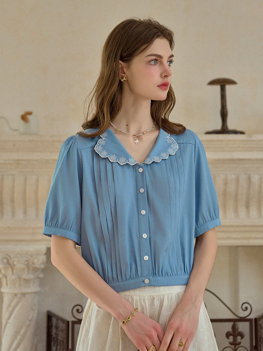 【Final Sale】Miriam V-Neck Embroidery Tuck Pleats Blouse sold by Simple Retro product image thumbnail 3