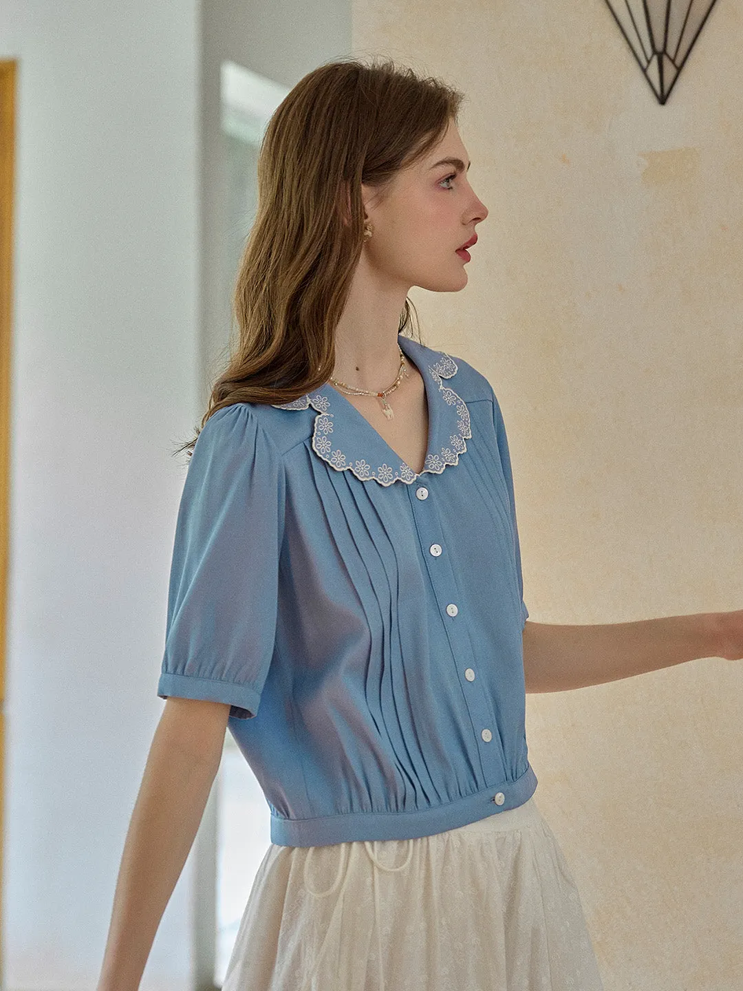 【Final Sale】Miriam V-Neck Embroidery Tuck Pleats Blouse sold by Simple Retro product image thumbnail 5