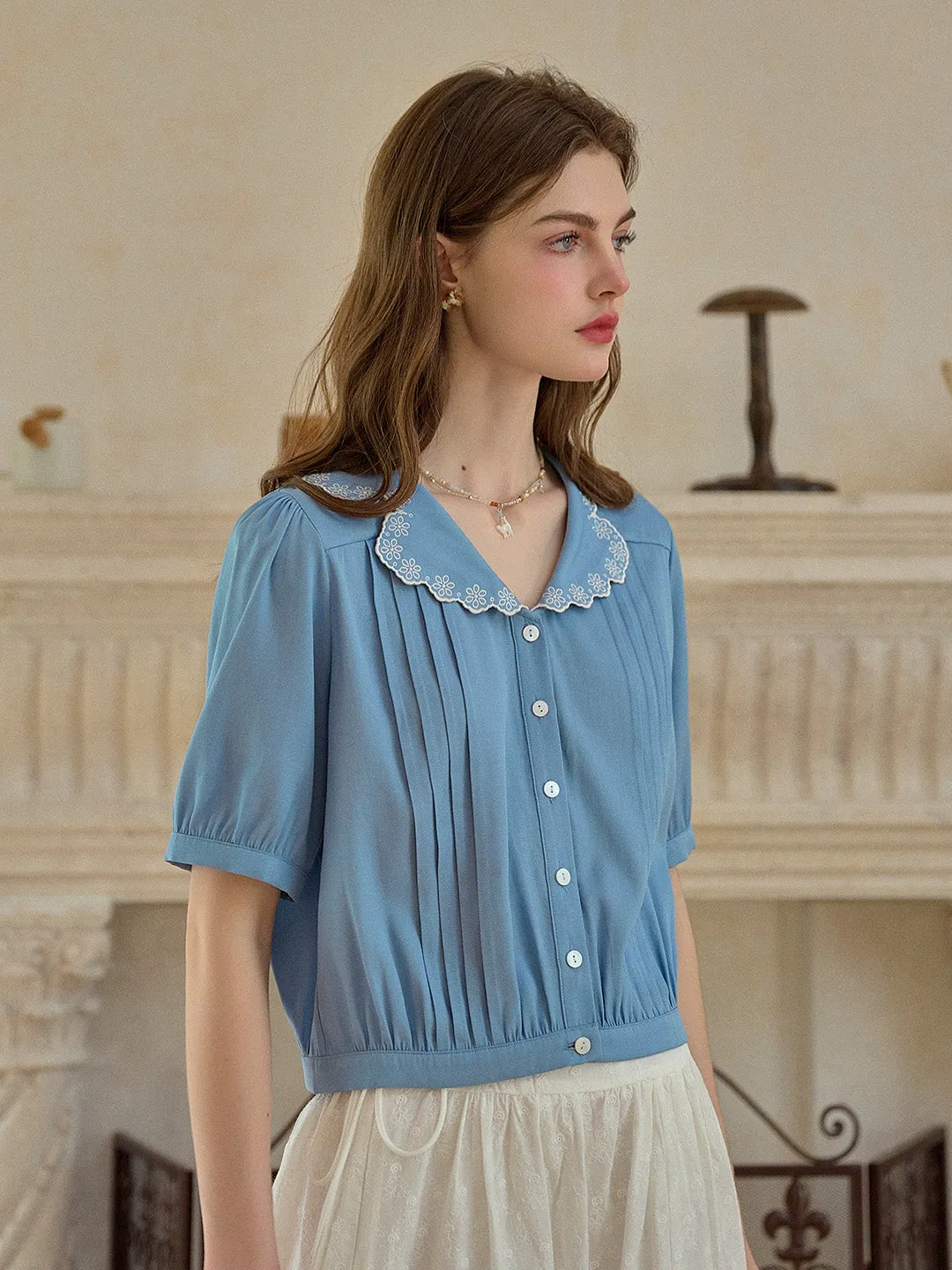 【Final Sale】Miriam V-Neck Embroidery Tuck Pleats Blouse sold by Simple Retro product image thumbnail 4