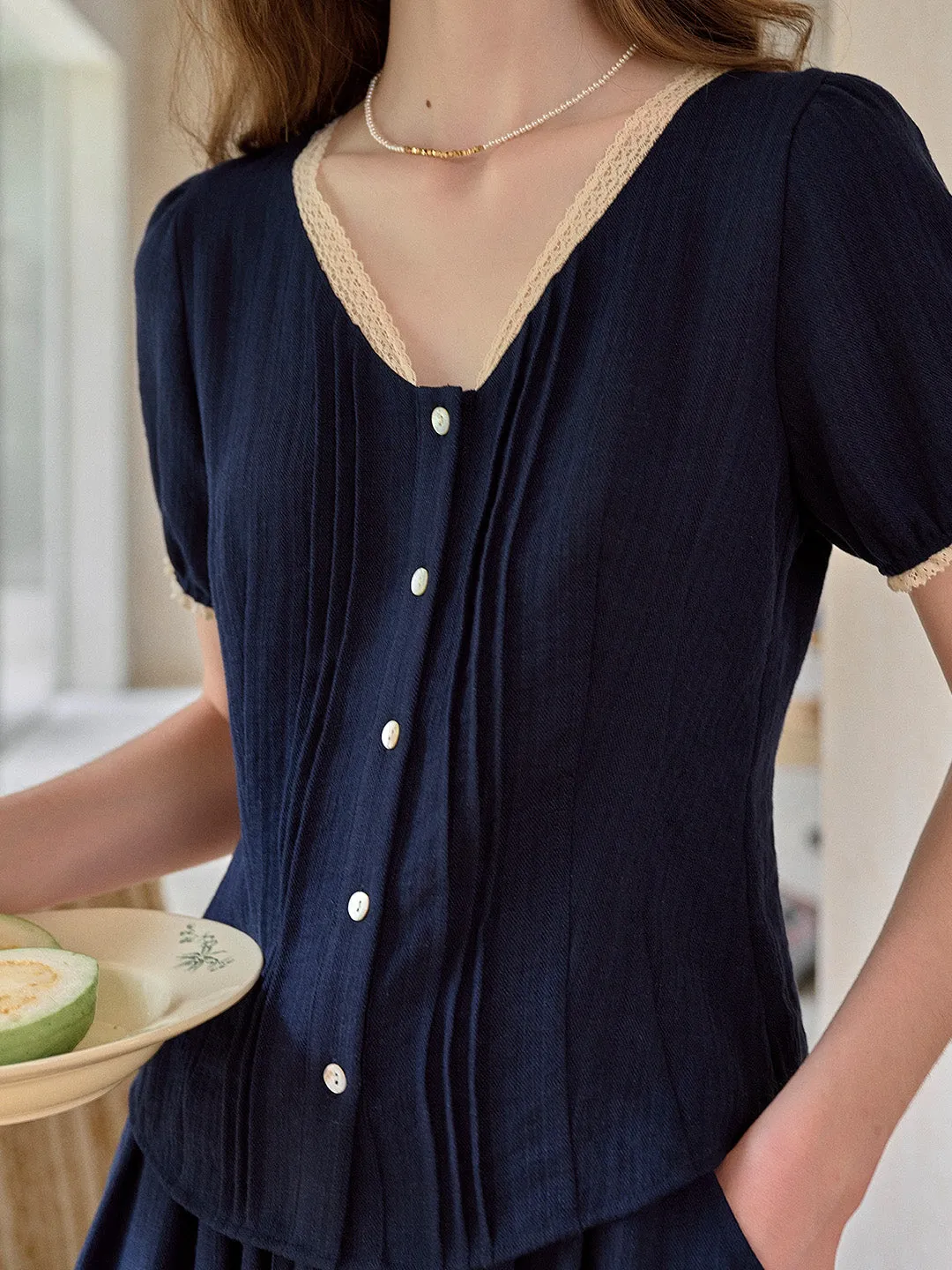 Madelyn V-Neck Lace Linen Top sold by Simple Retro product image thumbnail 5