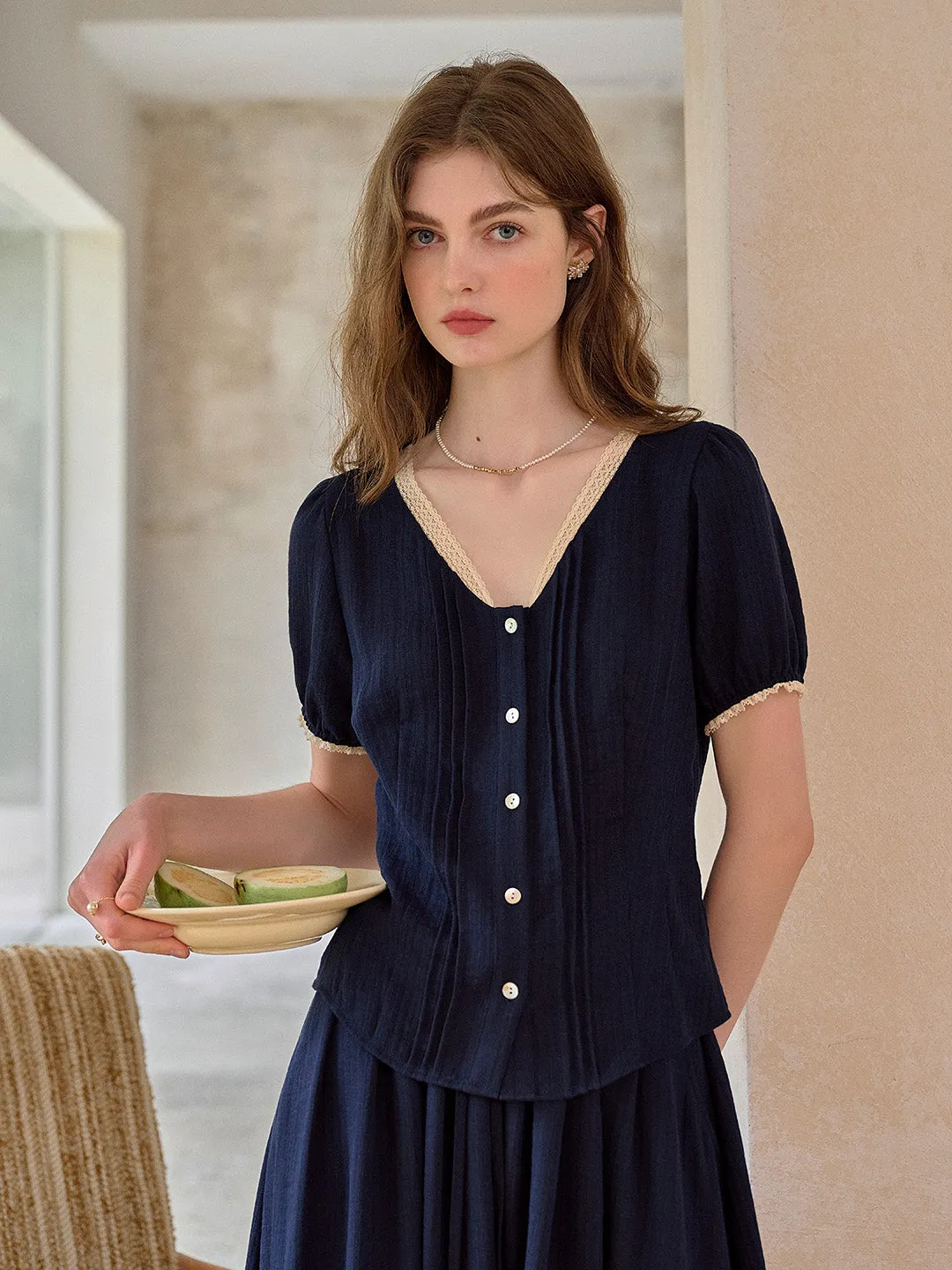 Madelyn V-Neck Lace Linen Top sold by Simple Retro