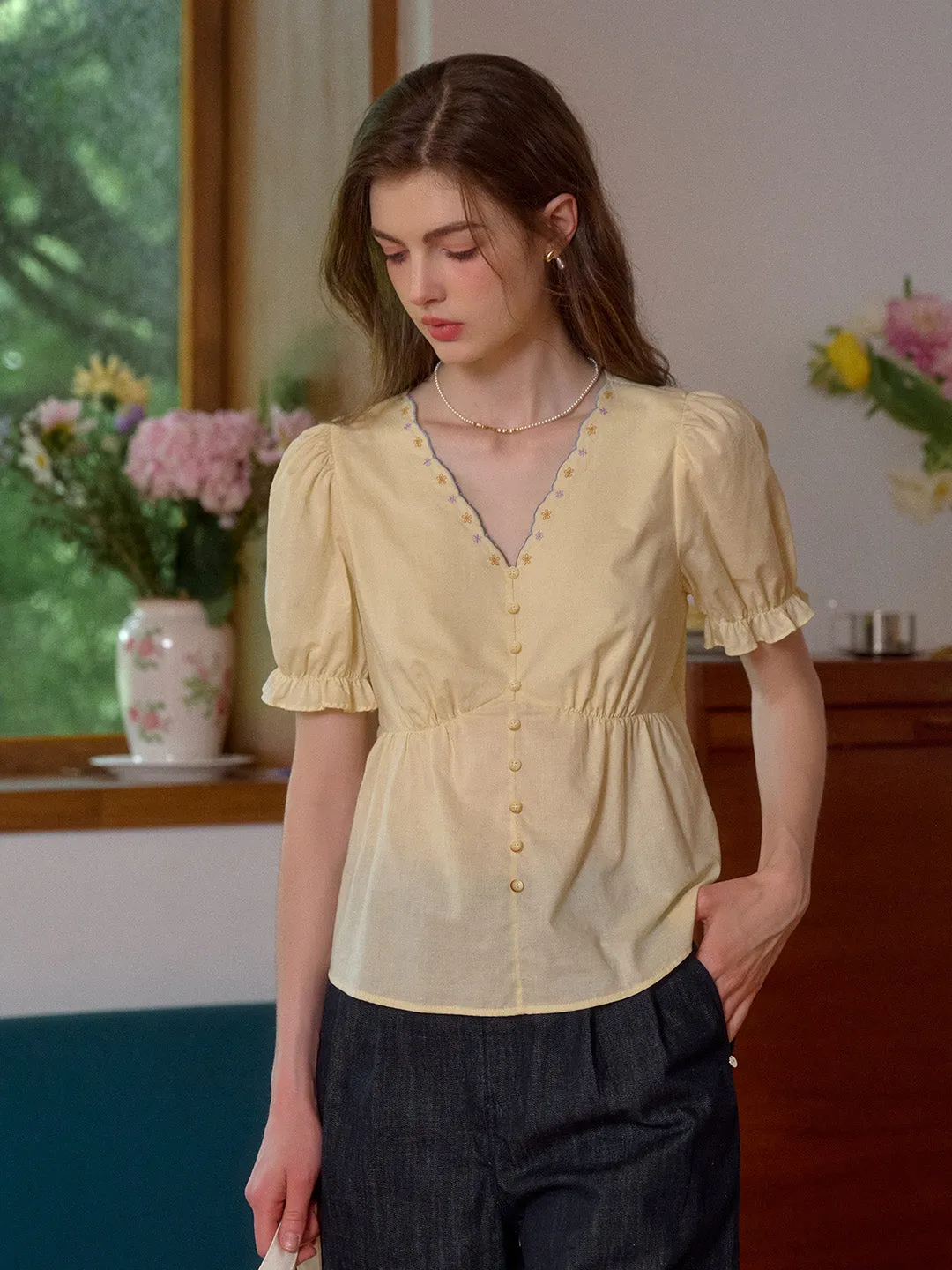 Margaret V-Neck Waist 100% Cotton Blouse sold by Simple Retro product image thumbnail 3