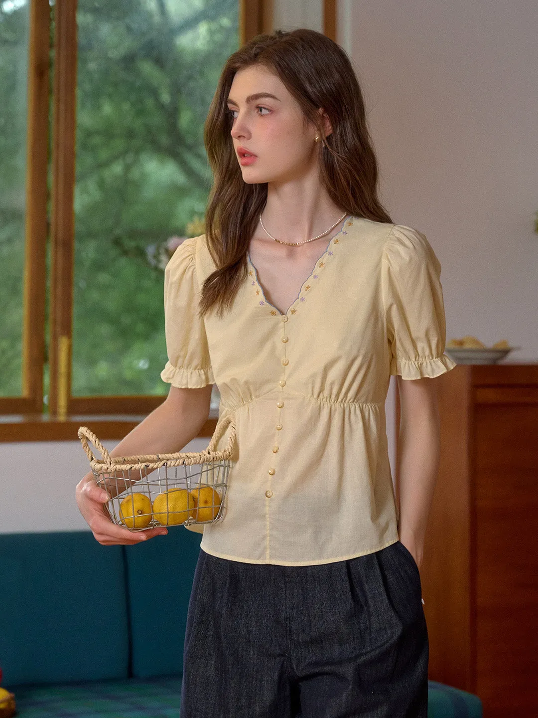 Margaret V-Neck Waist 100% Cotton Blouse sold by Simple Retro