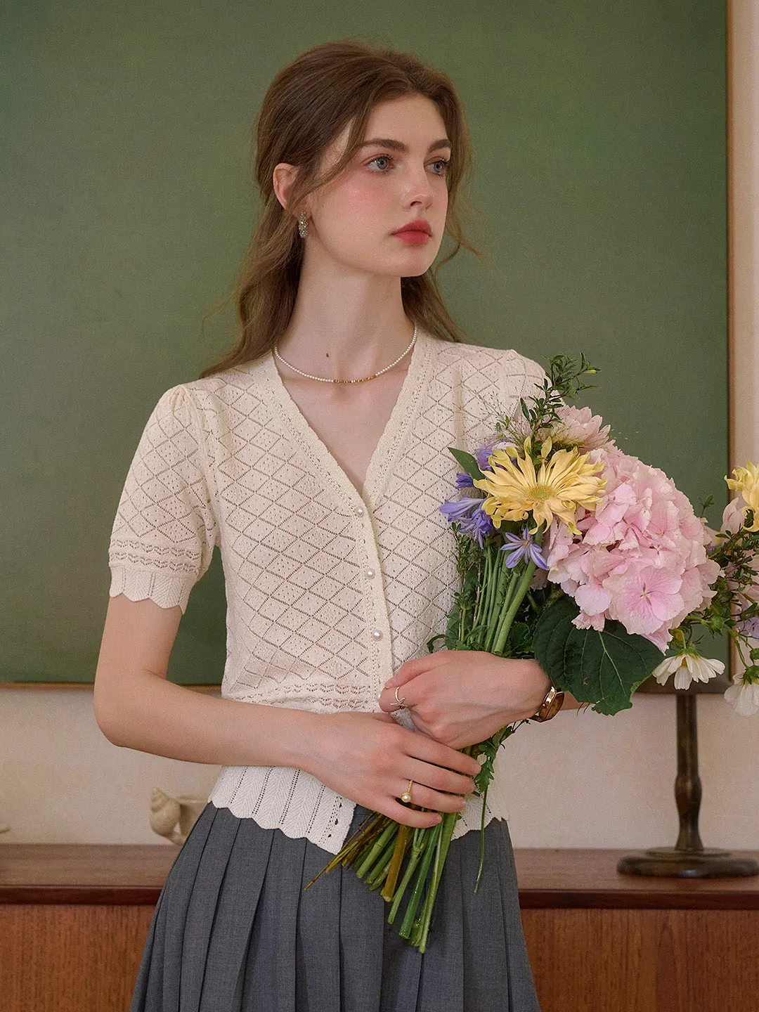 Lucia V-Neck Hollow Cotton Cardigan sold by Simple Retro product image thumbnail 3