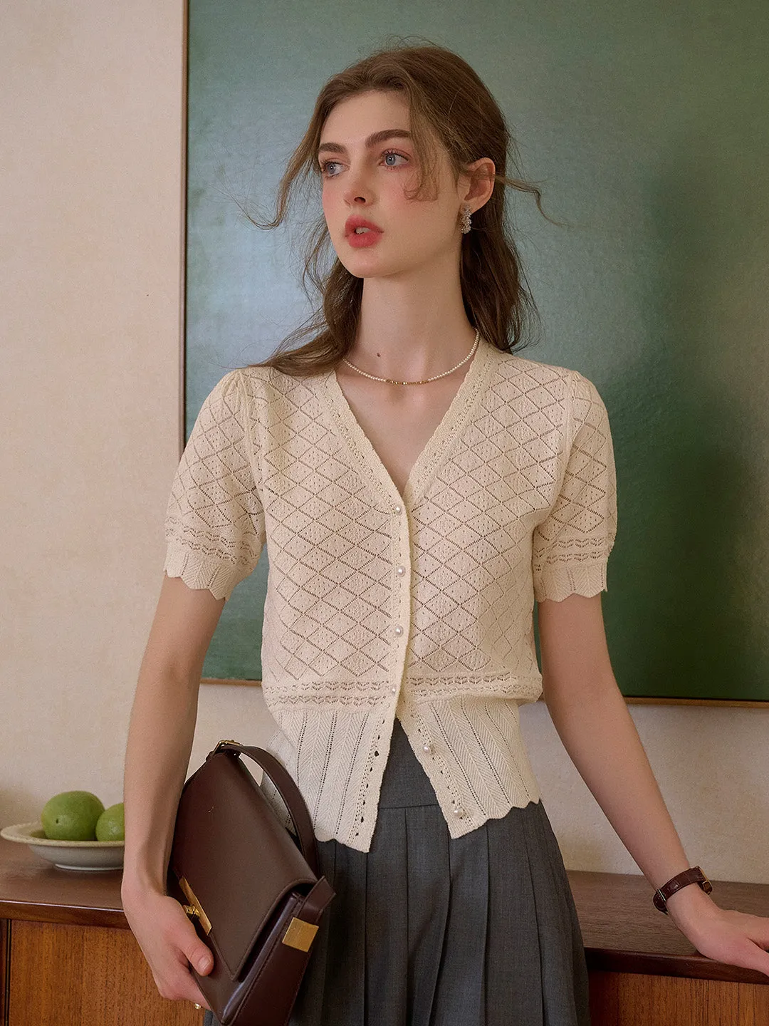 Lucia V-Neck Hollow Cotton Cardigan sold by Simple Retro product image thumbnail 4