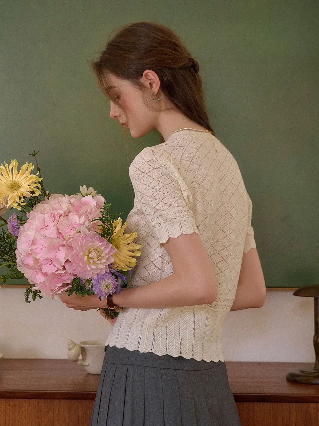 Lucia V-Neck Hollow Cotton Cardigan sold by Simple Retro product image thumbnail 5