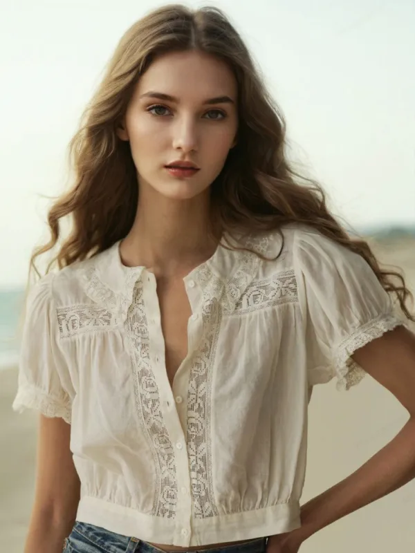 Everleigh Round Neck Lace Blouse sold by Simple Retro