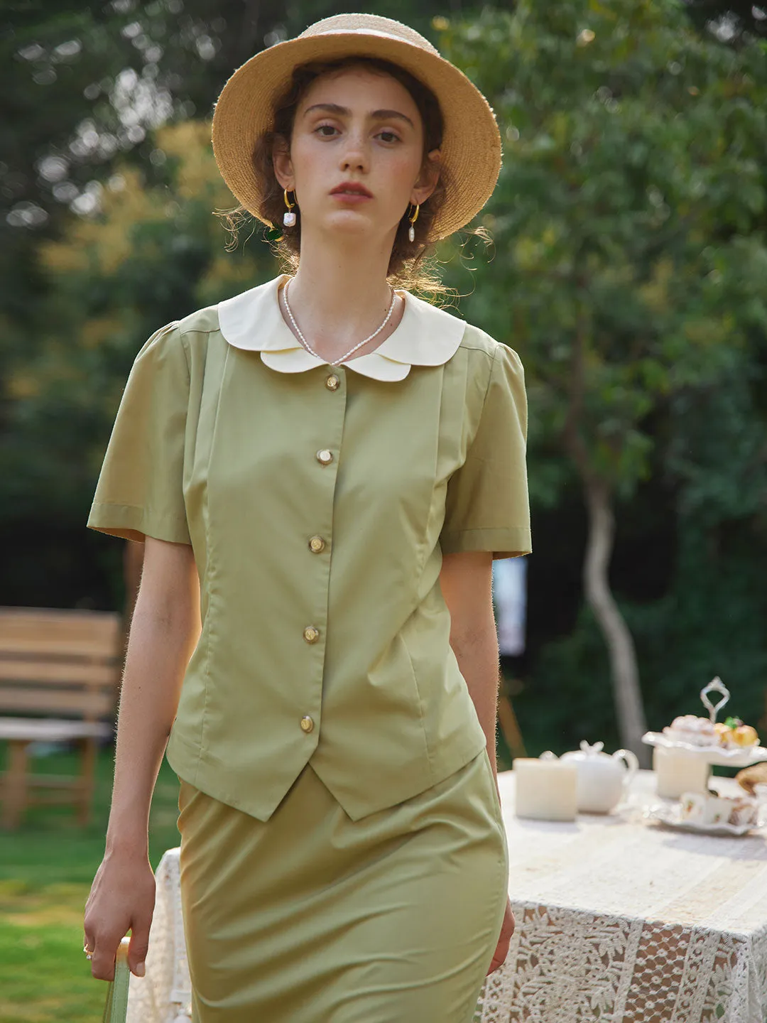【Final Sale】Kimura Patchwork Collar Blouse Khaki Green sold by Simple Retro product image thumbnail 3