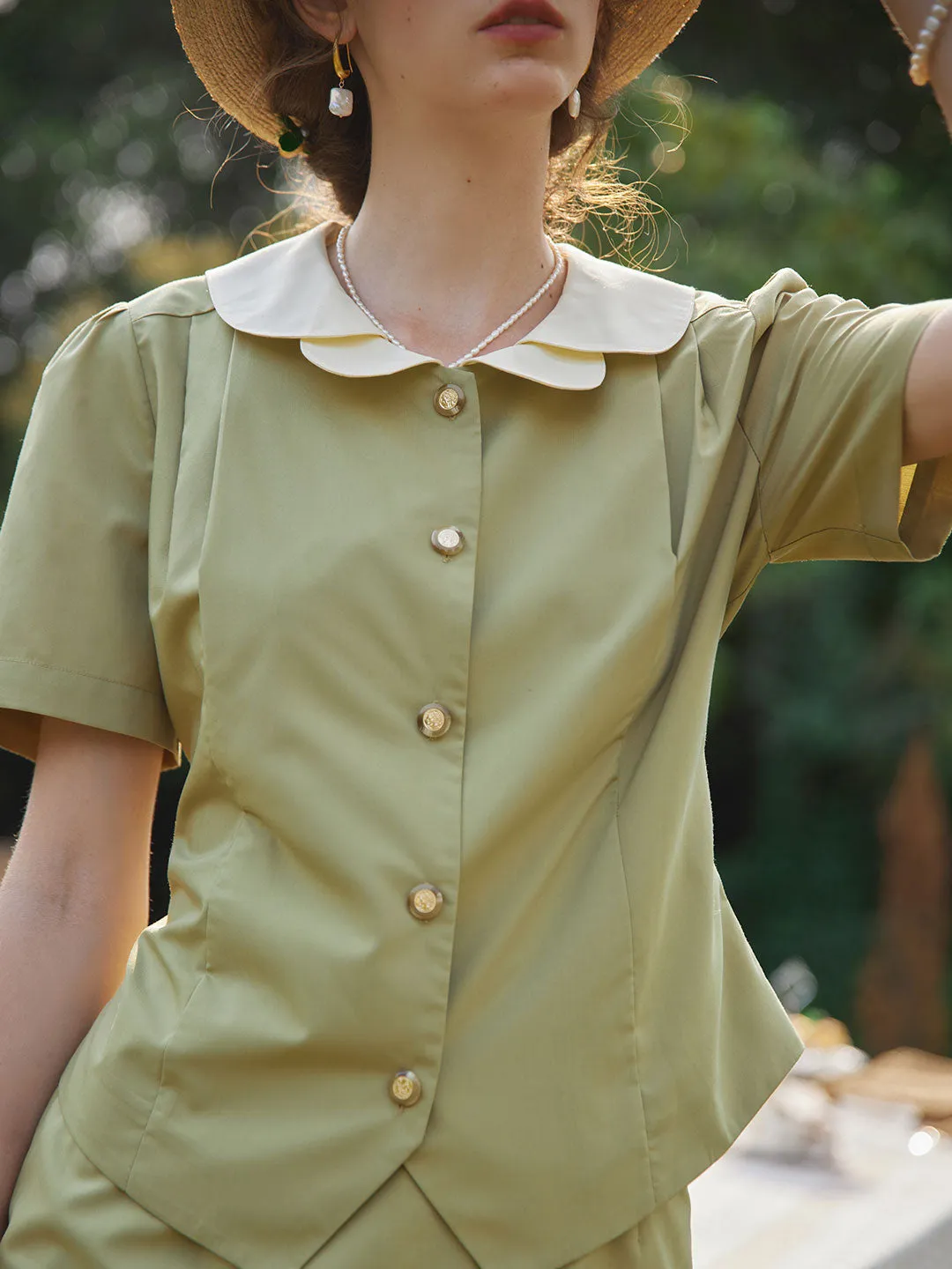 【Final Sale】Kimura Patchwork Collar Blouse Khaki Green sold by Simple Retro product image thumbnail 2