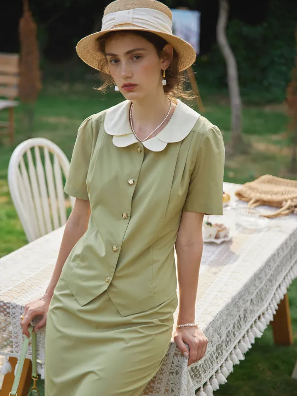【Final Sale】Kimura Patchwork Collar Blouse Khaki Green made by Simple Retro