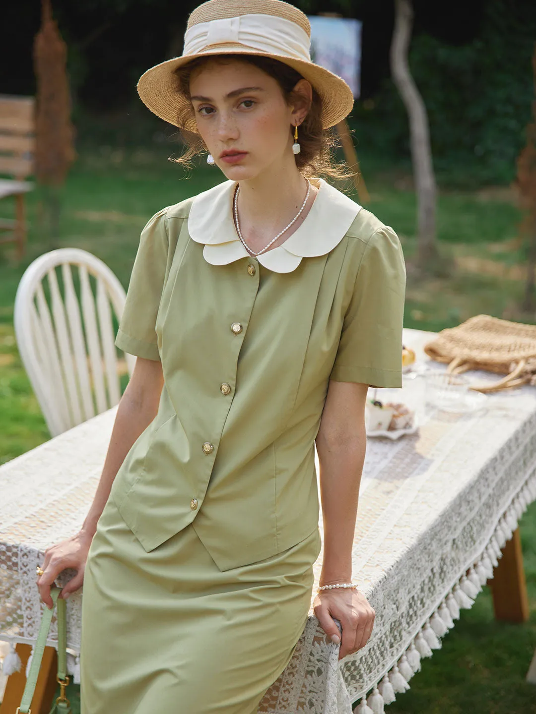 【Final Sale】Kimura Patchwork Collar Blouse Khaki Green sold by Simple Retro