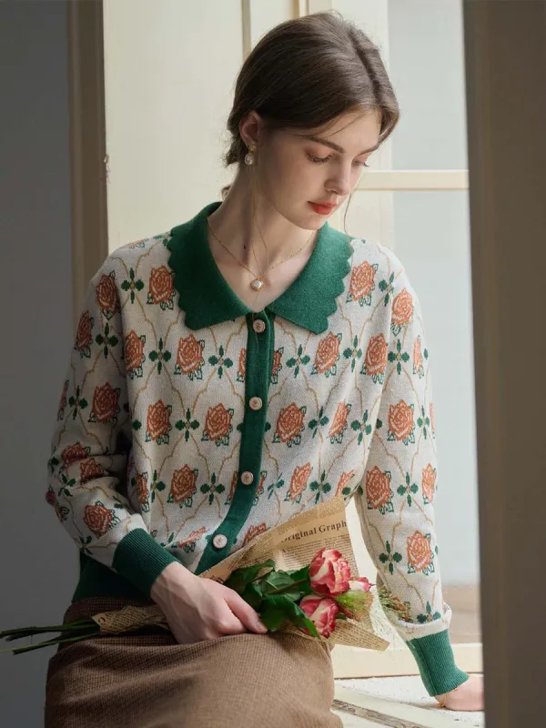 Hannah Floral Pattern Contrast Trim Cardigan sold by Simple Retro