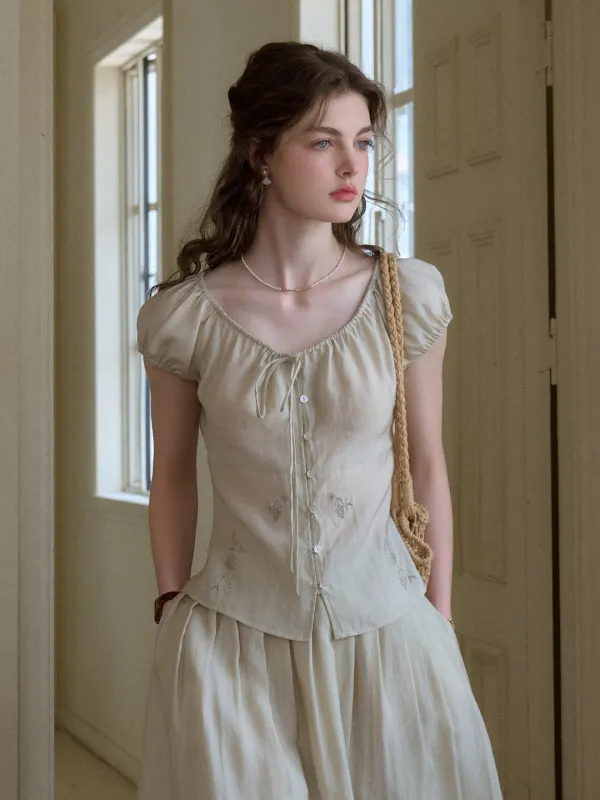 Zuri Round Neck Embroidery Lyocell Blouse sold by Simple Retro