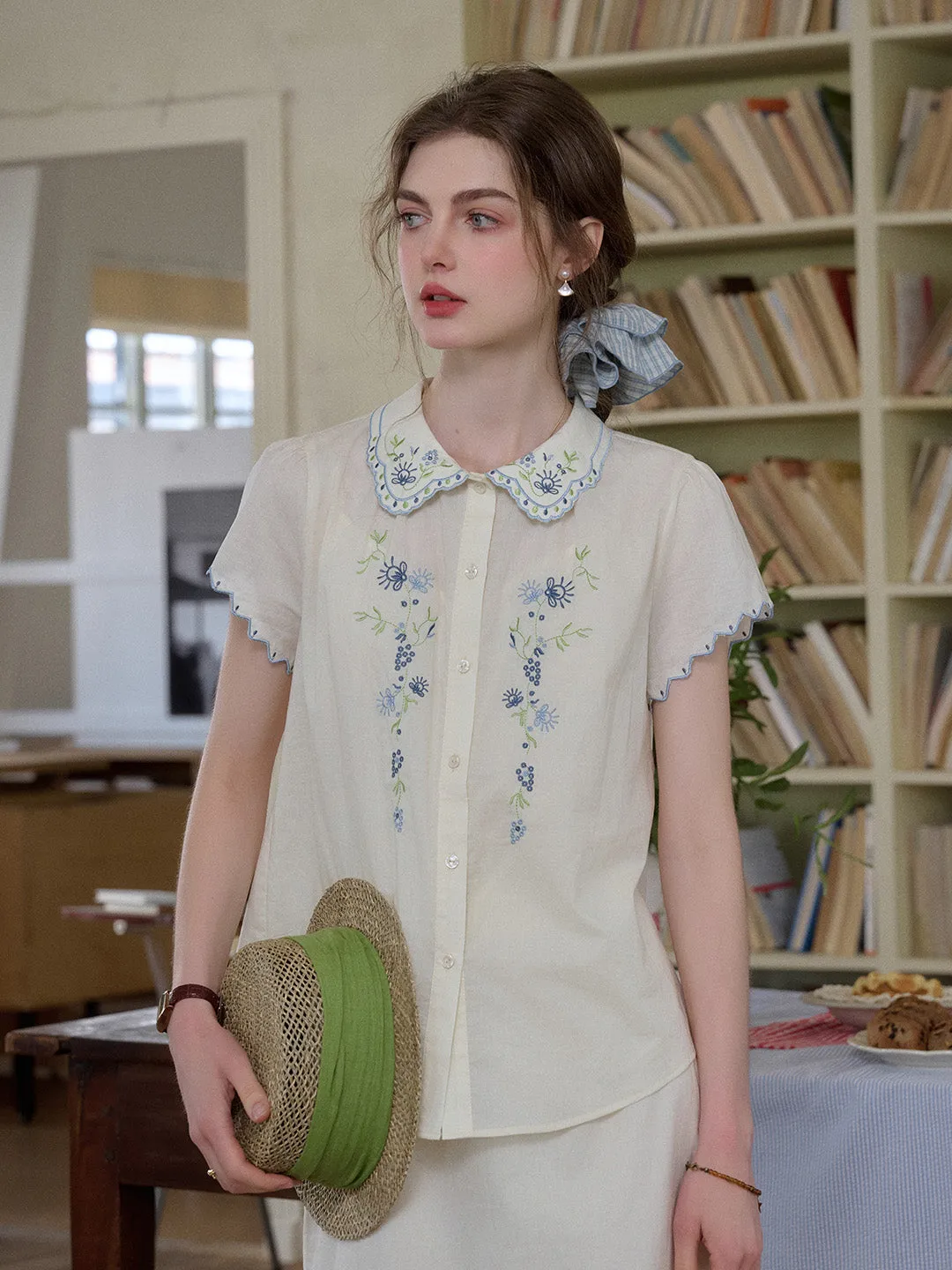 Alora Peter Pan Collar Embroidery 100% Cotton Blouse sold by Simple Retro product image thumbnail 4