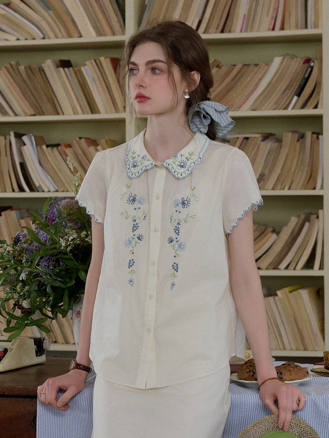 Alora Peter Pan Collar Embroidery 100% Cotton Blouse sold by Simple Retro product image thumbnail 5