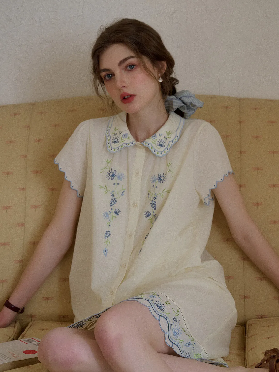 Alora Peter Pan Collar Embroidery 100% Cotton Blouse sold by Simple Retro