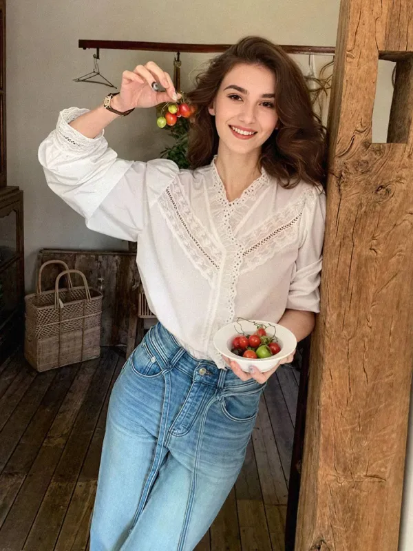 Harmony V-Neck Jacquard Blouse sold by Simple Retro