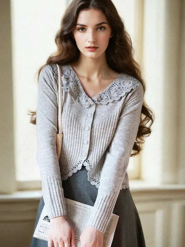 Talia V-Neck Hollow Embroidery Cardigan sold by Simple Retro