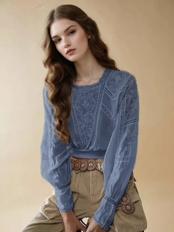 Oakley Round Neck Jacquard Lace Blue Blouse sold by Simple Retro