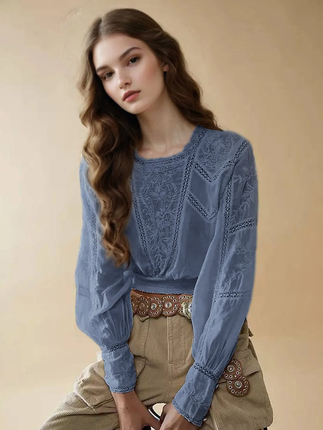 Oakley Round Neck Jacquard Lace Blue Blouse sold by Simple Retro