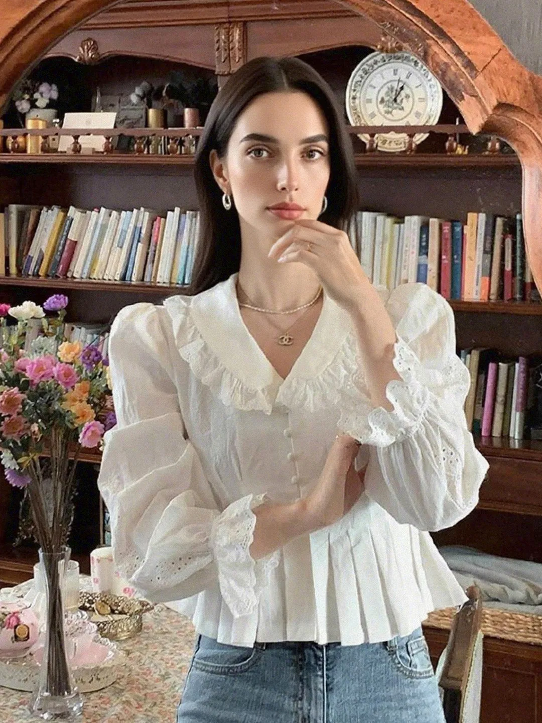 【Final Sale】Palmer V-Neck Puff Sleeves Blouse sold by Simple Retro