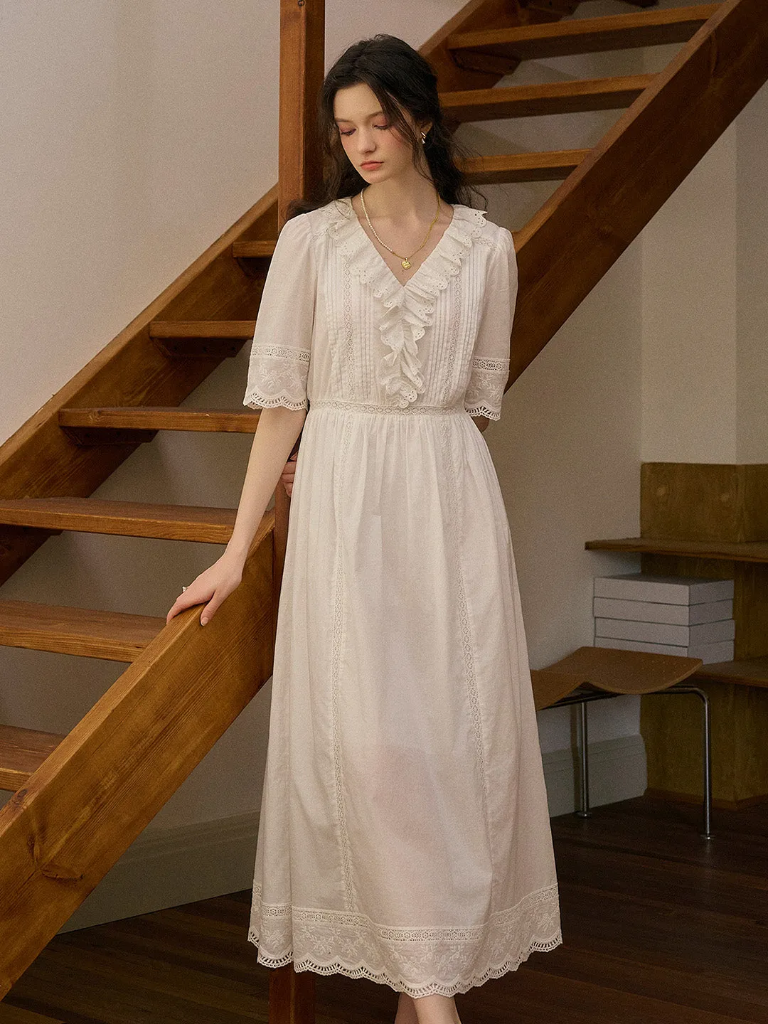 【Final Sale】Noelle Ruffle V-Neck 100% Cotton Dress sold by Simple Retro