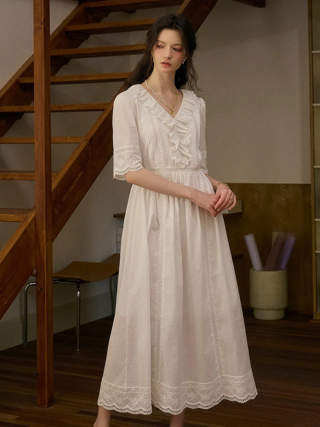 【Final Sale】Noelle Ruffle V-Neck 100% Cotton Dress sold by Simple Retro product image thumbnail 4