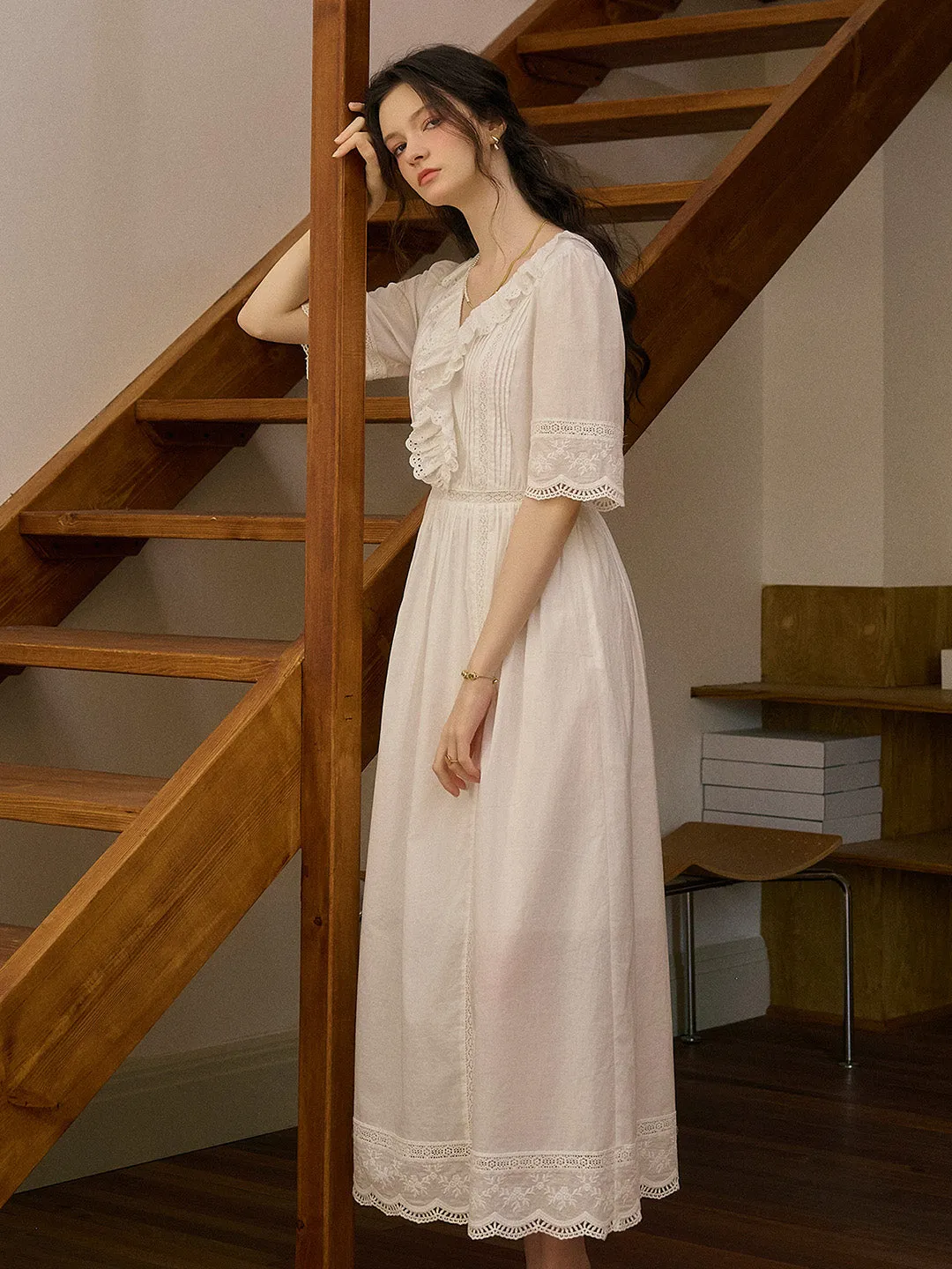 【Final Sale】Noelle Ruffle V-Neck 100% Cotton Dress sold by Simple Retro product image thumbnail 5