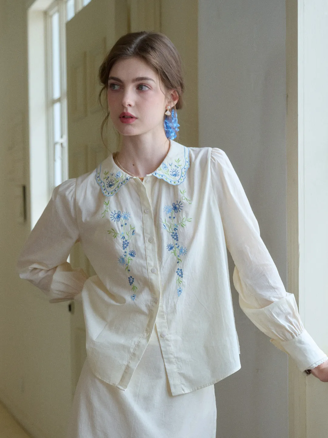 Luciana Peter Pan Collar Embroidery 100% Cotton Blouse sold by Simple Retro