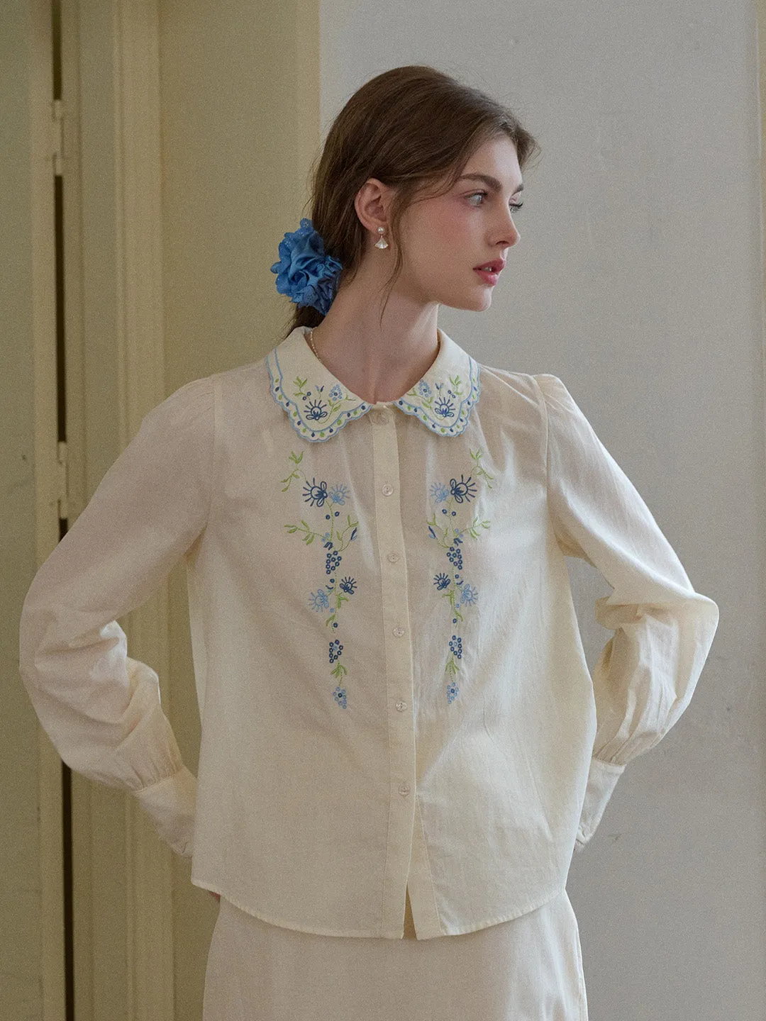 Luciana Peter Pan Collar Embroidery 100% Cotton Blouse sold by Simple Retro product image thumbnail 4