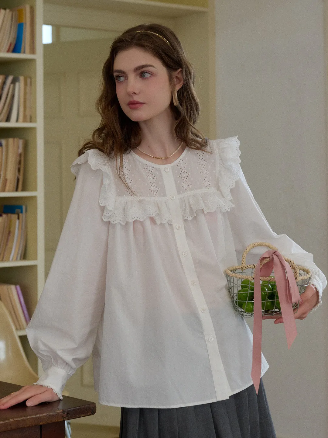 Danna Round Neck Lace Trim Blouse sold by Simple Retro