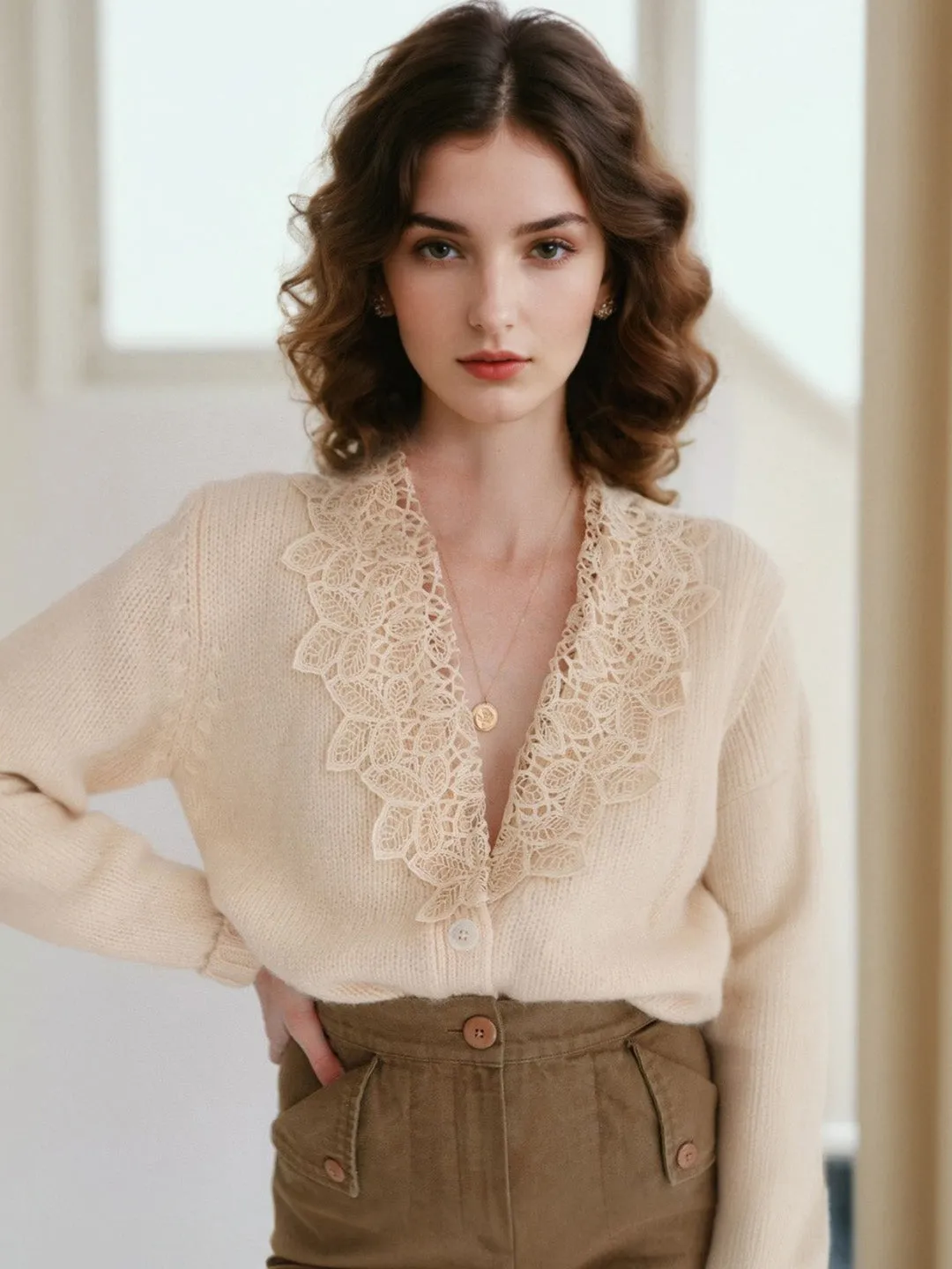Charlee V-Neck Lace Embroidery Cardigan sold by Simple Retro