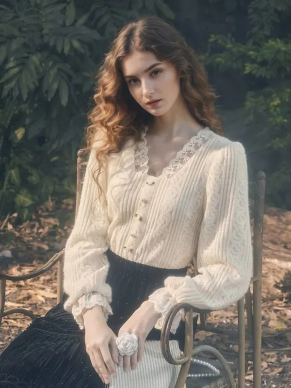 Logan Wavy Neck Lace Embroidery Knit Cardigan sold by Simple Retro