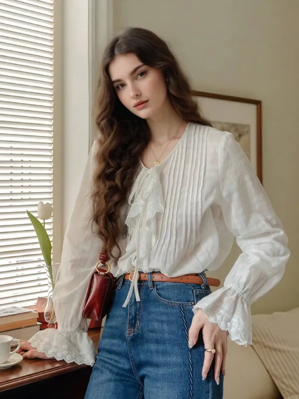 Jayla Round Neck Pleats Trumpet Sleeve Blouse sold by Simple Retro